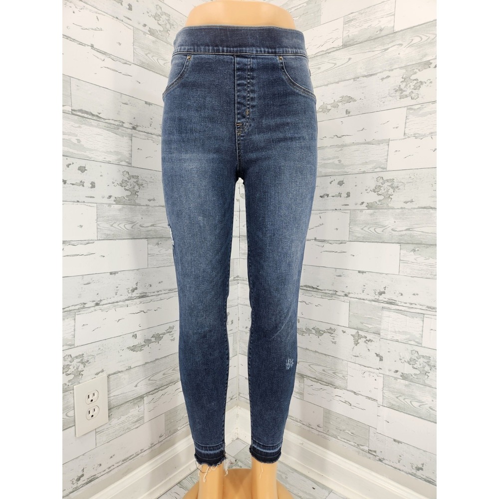 Spanx Ankle Skinny Jeans Distressed Frayed Hem Dark Wash Denim L Large